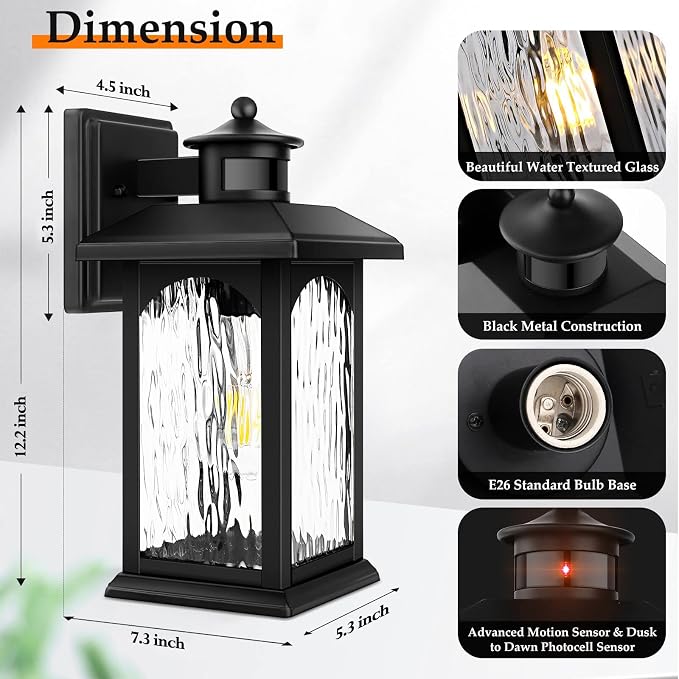 FILIYANO Motion Sensor Outdoor Light Fixture, Dusk to Dawn, Black, 1 Pack | Anti-Rust, Waterproof Wall Mount Wall Lights for Outside, Tempered Glass Coach Lights for Front Door, Garage, Porch and Patio