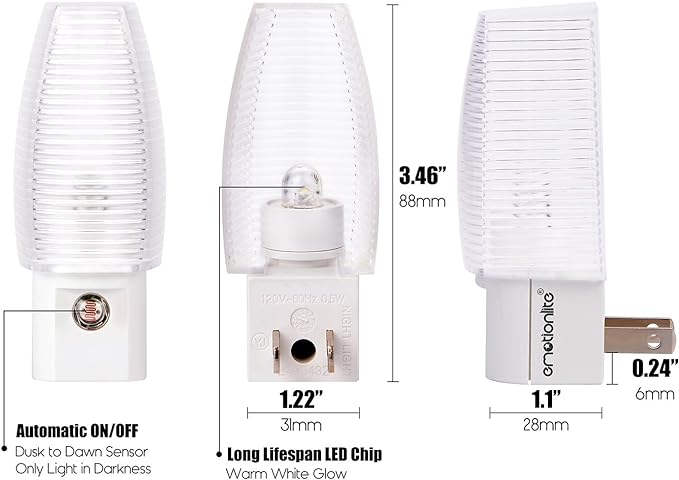 Emotionlite Plug-in Night Light, Dusk to Dawn Sensor, Warm White, 8 Pack | Warm white sensor night light, perfect for nursery, bedroom, bathroom, hallway, stairs & kitchen