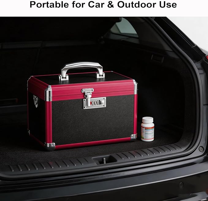 Medicine Lock Box with Combination Lock - 10" Hard Case First Aid Safe Medication Storage with Removable Tray & Pockets for Pills, Home, Car & Outdoor - Black Red [No Strap]
