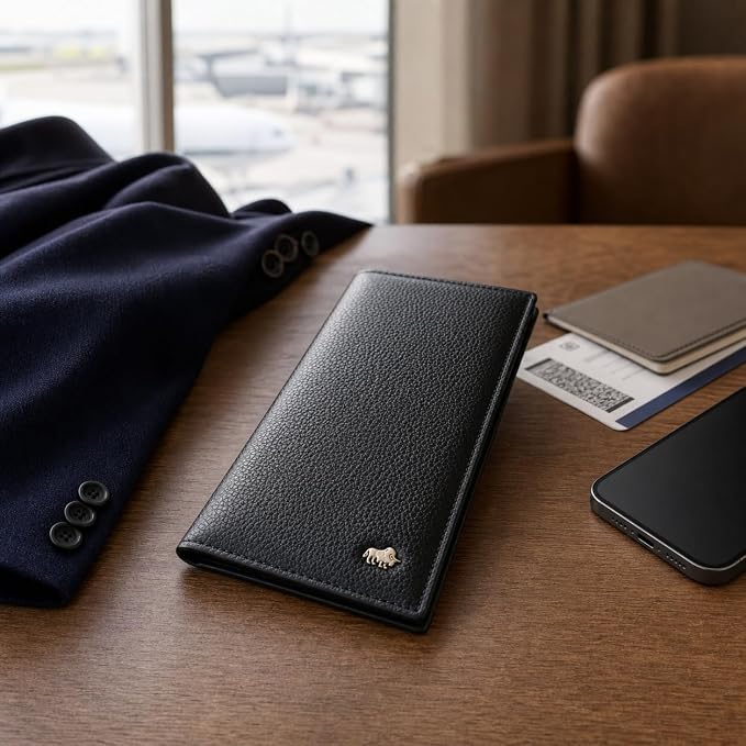 BISON DENIM Long Wallet for Men, RFID Leather Bifold, 12 Card Slots, Black | mens long bifold wallet checkbook billfold credit card holder id window zipper coin pocket slim cowhide purse organizer