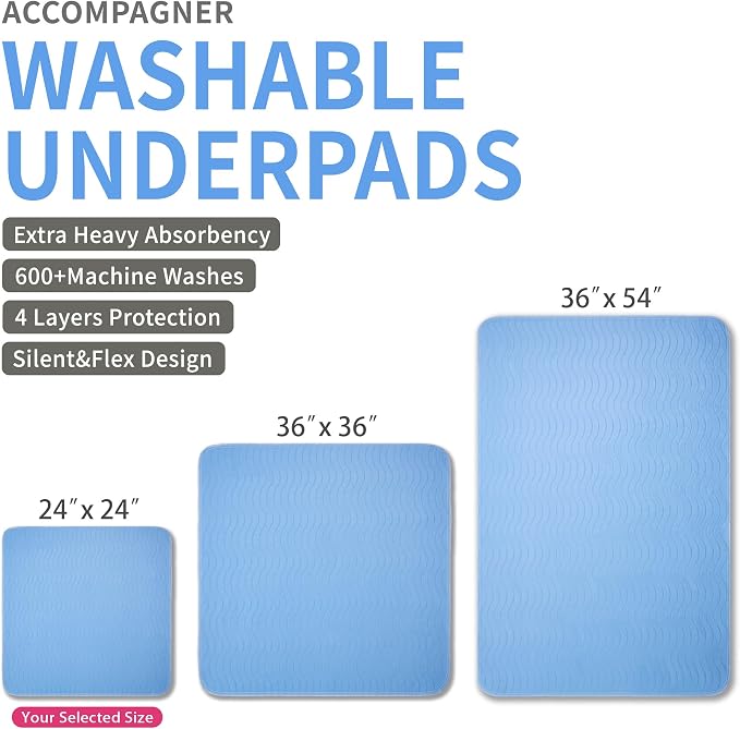 Accompagner Incontinence Bed Pads Washable Waterproof, Ultra-Absorbent Reusable Underpads for Diaper Changing, Nursing, Bedridden, Adults, Seniors, Kids and Dogs (Blue, 24"x24"(Pack of 4))