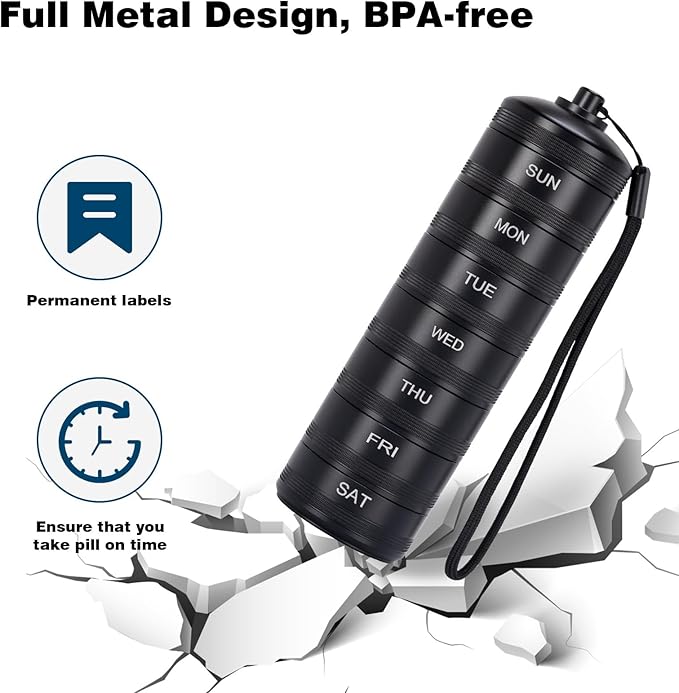 XHT Premium Weekly Metal Pill Organizer 7 Day 2 Times a Day – Waterproof AM PM Pill Organizer Travel Case, Heavy Duty Pill Holder and Pill Box for Medicine, Vitamins, Fish Oil & Supplements