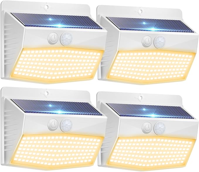 4 Pack Solar Motion Sensor Lights Outdoor Waterproof with 3 Modes | Warm White, White Frame, LED, Solar Powered, Security Lighting for Outside Wall Garden Fence Yard Deck Patio Garage