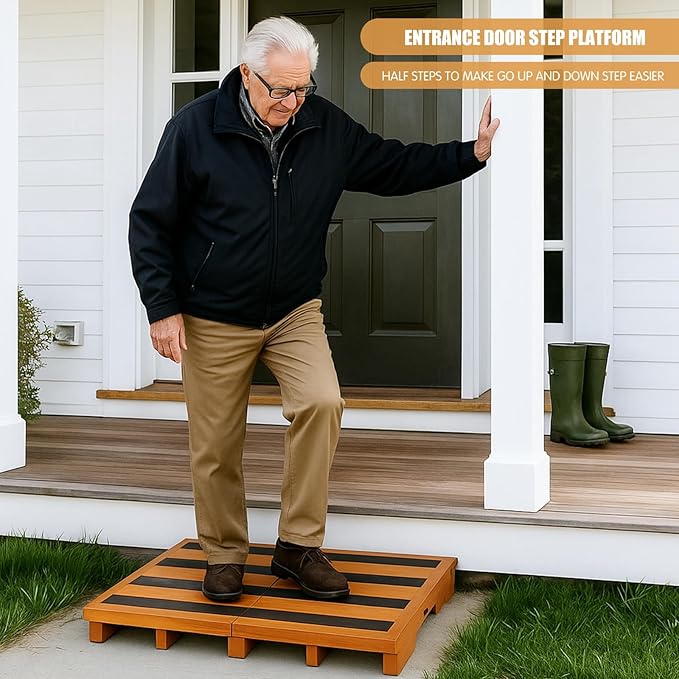 Wooden Step Stool 3 Inch One-Step Non-Slip Outdoor Platform Heavy Duty Portable Half-Step Ideal for Seniors with Knee Issues, Safe Step Stool for Outdoor Bathroom Kitchen Bed(Oak Color)