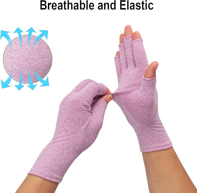 2-Pair Arthritis Compression Gloves for Alleviate Rheumatoid Osteoarthritis, Carpal Tunnel Raynauds Disease, Fingerless Design Breathable & Moisture, Women and Men (Purple, Large)