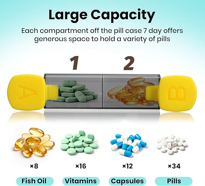 Weekly Pill Organizer 2 Times a Day - 7 Day AM PM Pill Box Large Travel Pill Case, Daily Pill Container Dispenser for Vitamins, Supplements, Fish Oils, Medication Storage Pill Holder, Black