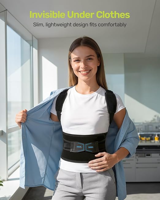 Rakiie Posture Corrector for Women Men, 4 Back Support Brace Bars, Adjustable Shoulder Straightener with Cushioned Pads for Hunchback, Round Shoulders, Back Pain Relief, Blue XL
