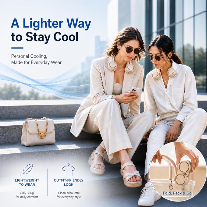 Lightweight Portable Neck Fan, Hands-Free Rechargeable | 6.3 oz wearable fan, foldable design, 360° adjustable airflow, 3 speeds; ideal for travel, office and commuting