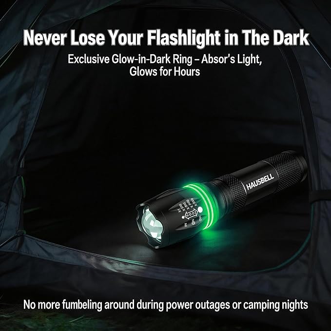 HAUSBELL T8 A100 2000 Lumen Flashlight 4 Pack with Glow-in-Dark Ring, Heavy-Duty Aluminum Tactical Flashlights High Lumens, 5 Modes Zoomable Waterproof LED for Emergency Camping Hiking Home Use