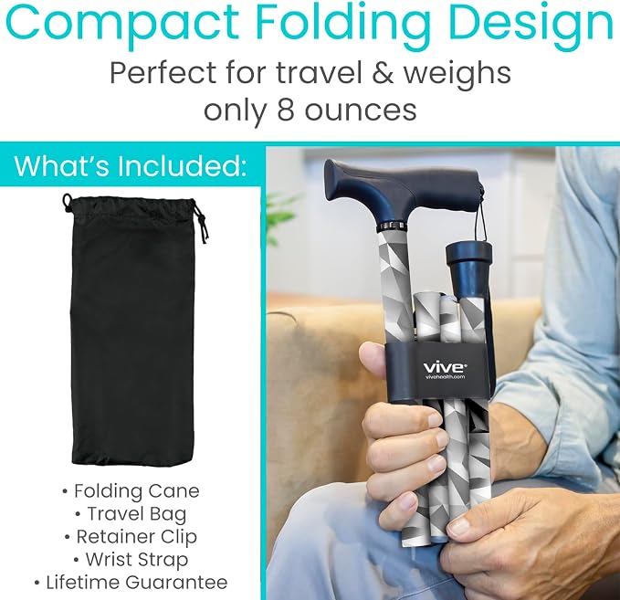 Vive Folding Cane - Foldable Walking Cane for Men, Women - Fold-up, Collapsible, Lightweight, Adjustable, Portable Hand Walking Stick - Balancing Mobility Aid - Sleek, Comfortable T Handles