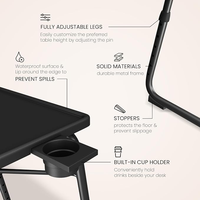 Adjustable TV Tray Table - 6 Height & 3 Tilt Angle Settings | Multifunctional Foldable Tray Table for Eating Laptop Dinner or Bed Use | Easy to Assemble & Store | Portable Desk