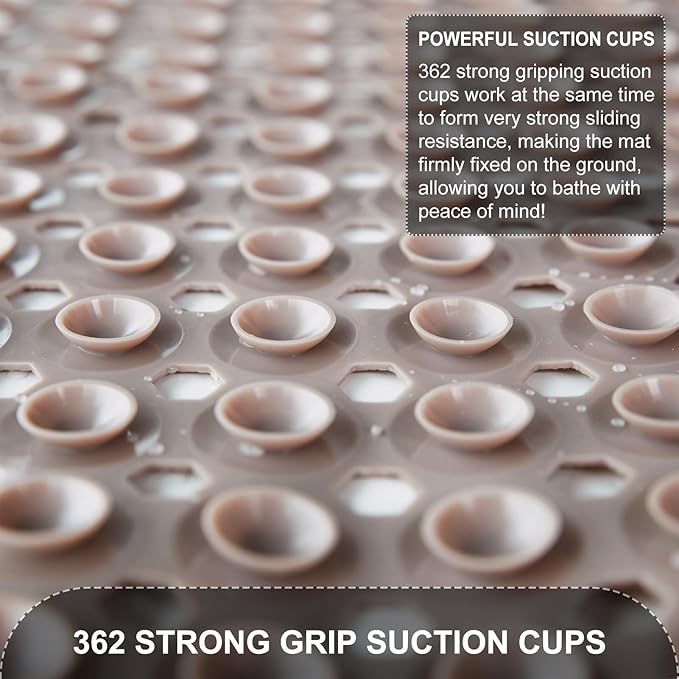 Bath Tub and Shower Mats, Non Slip 40 x 16 Inch Extra Long Bathtub Mat, Machine Washable Bathmat with Drain Holes, Suction Cups for Bathroom Floor, Tan