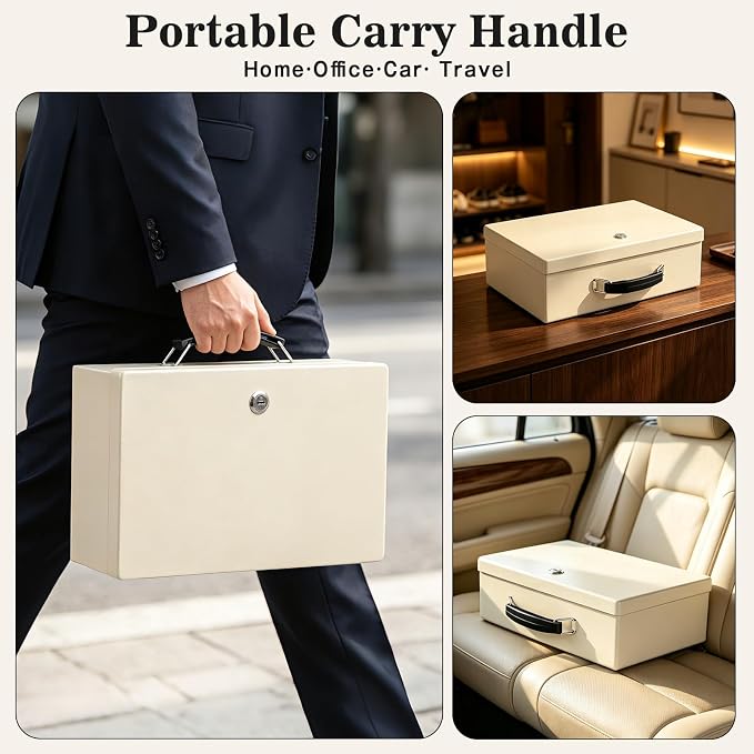 xydled Fireproof Document Box with Key Lock, Fire Safe Box, White | Fire and water resistant lock box for documents, passports, cash and valuables, keeping secure at home, 12.8 x 8.5 x 4.5 Inch