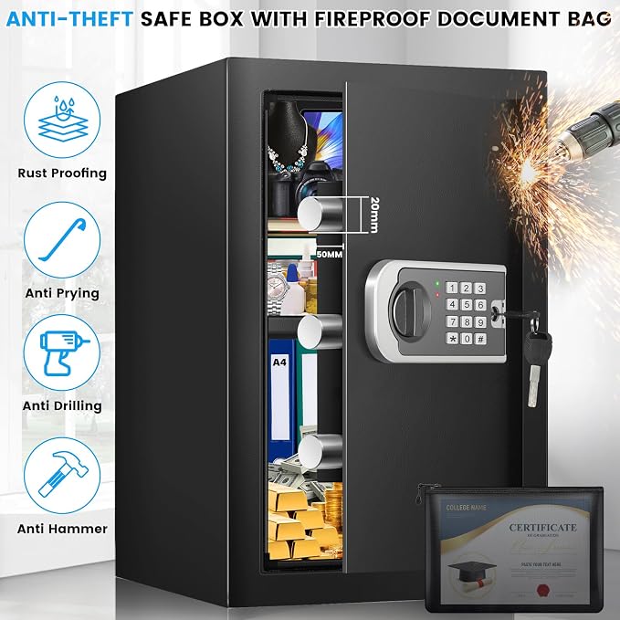 [16.54" Tall] Safe Box, 2.8 Cuft Home Safes With Fireproof Bag, Anti-Theft Security Safes for Home with Programmable Keypad Spare Keys, Digital Safety Box for Money Documents Valuables Jewelry