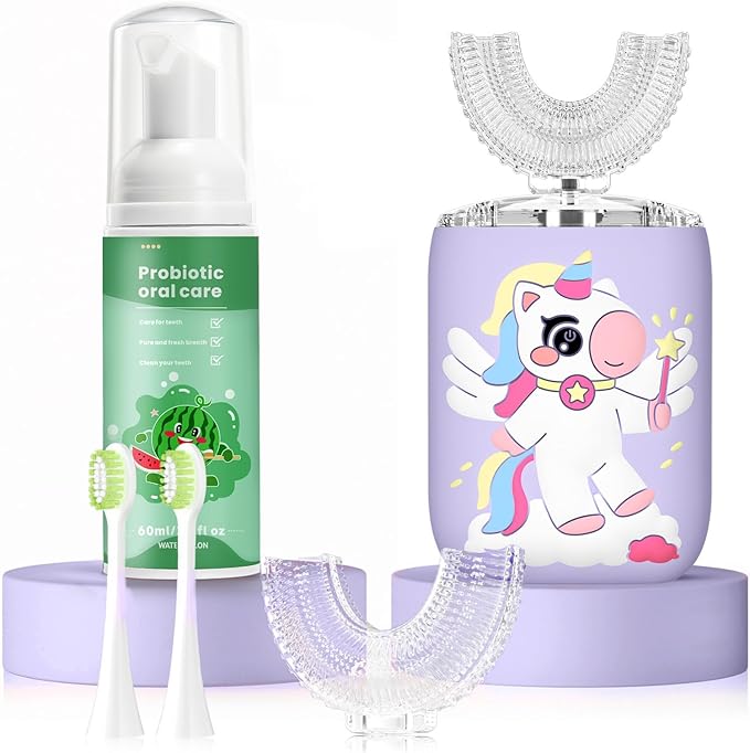 Kids Electric U Shaped Toothbrush, Kids Unicorn Sonic Automatic Toothbrush with 4 Soft Brush Heads with Toothpaste - (Age 2-15, Purple)