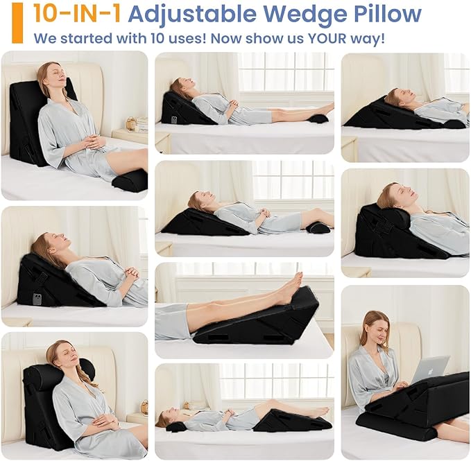 Sasttie Wedge Pillow Set for After Surgery, 2PCS Adjustable Bed Wedge Pillow Headboard with Memory Foam Neck Cushion – for Acid Reflux, Sleeping, Neck & Back Support, Black