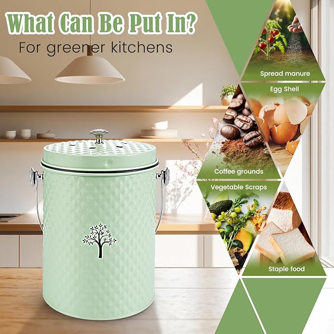 Countertop Compost Bin, Odor-Free Food Waste Container with 50 Bags | 1 Gallon Container,2 Carbon Filters,Compost Bucket, coffee grounds