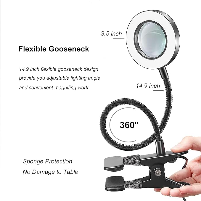 Magnifying Glasses with Light, 10x Clip on Desk Lamp with Magnifier | 3 Color Modes with 10 Brightness Levels, Flexible Gooseneck LED Eye-Caring Craft Light for Home Office Reading Study