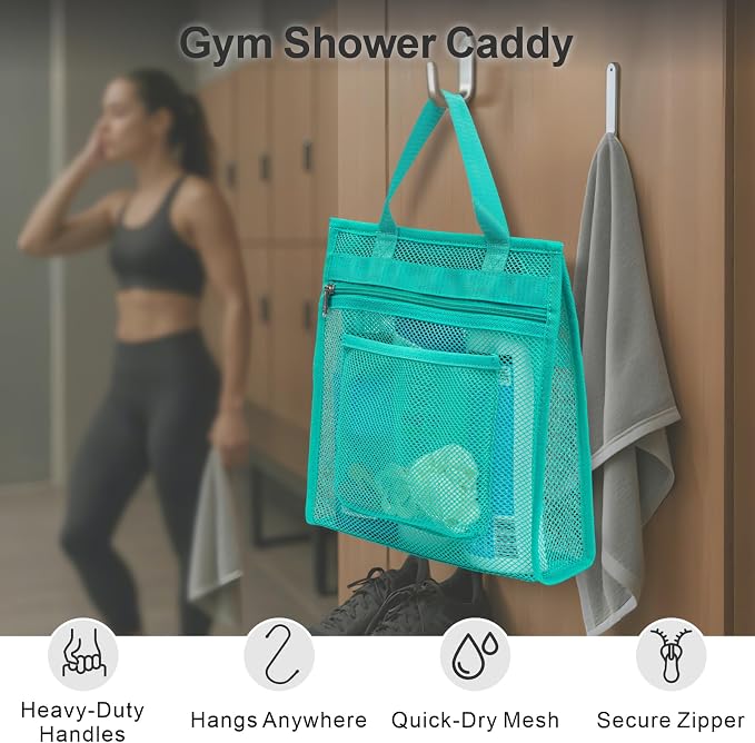 Small Mesh Shower Caddy Portable - Zipper Gym Travel Shower Bag, Mint Green | 3 Pockets, Quick-Dry Mesh, S-Hook, Hanging Shower Caddy for Toiletry Essentials, Bathroom & Camping