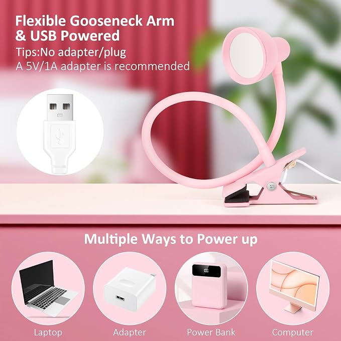 LiFMIRA Pink Small Desk Lamp Clip on LED Reading Light for Bed | 3 Color Modes 10 Dimmable Brightness, Book in Bed Headboard, Flexible Reading Lamp with Clamp BL08