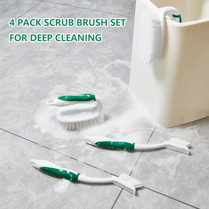 Scrub Brush Set, 4 Pack Deep Cleaning Brush Kit, Green | 2 Scrub Brush, 2 Tile & Grout Brush with Built-in Scraper, Household Commercial Scrubber for Floor, Shower, Pool Wall, Tub