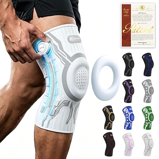 Kuangmi Knob Knee Brace for Pain Relief, Knee Support with Patella Gel Pad & Side Stabilizers, Compression Knee Sleeve for Workout, Arthritis, Joint Pain, Meniscus Tear (White,Right,XX-Large,Single)