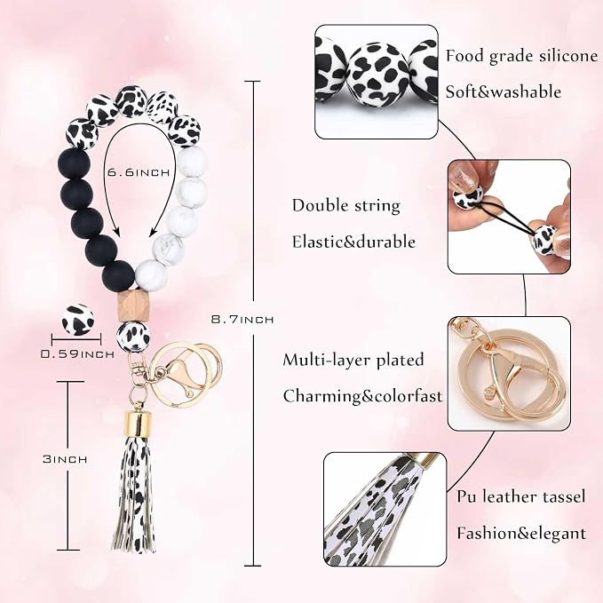 BAOSIWA Silicone Key Ring Bracelet Wristlet Keychain Unique Beaded Bangle Key Chains for Women with Leather Tassel