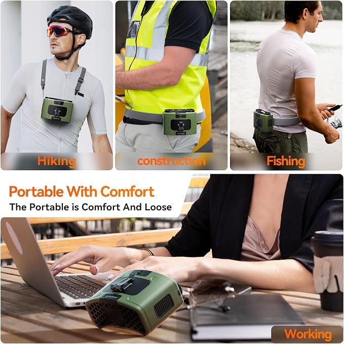 Doublepow 10000mAh Portable Waist Fan, Personal Dual Waist Fan, Clip On Belt Hanging Neck, Dual Motor 20H&10 Speed 16000RPM Strong Airflow, USB Rechargeable Fans, for Outdoor Work Travel(K60-Green)