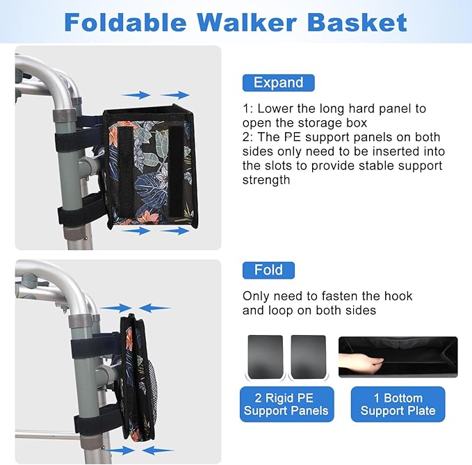 supregear Walker Basket, Foldable Walker Bag with Cup Holder, Storage Pouch with Large Capacity and Never Tipping Over, Hand-Free for Seniors Elderly, Not Fit for Rollator, Floral Black
