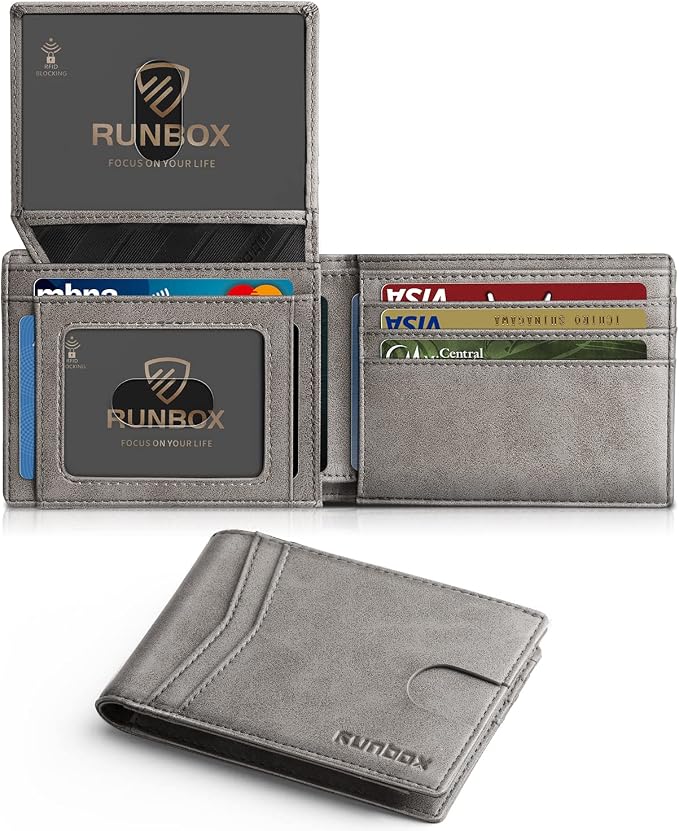 RUNBOX Wallet for Men -Slim Rfid Leather Mens Bifold Novelty Wallets 2 ID Window With Gift Box Men's Accessories | Minimalist Front Pocket Design, Holds 15 Cards, Large Capacity with Cash Pocket,Compact and Thin, Birthday Gifts for Men