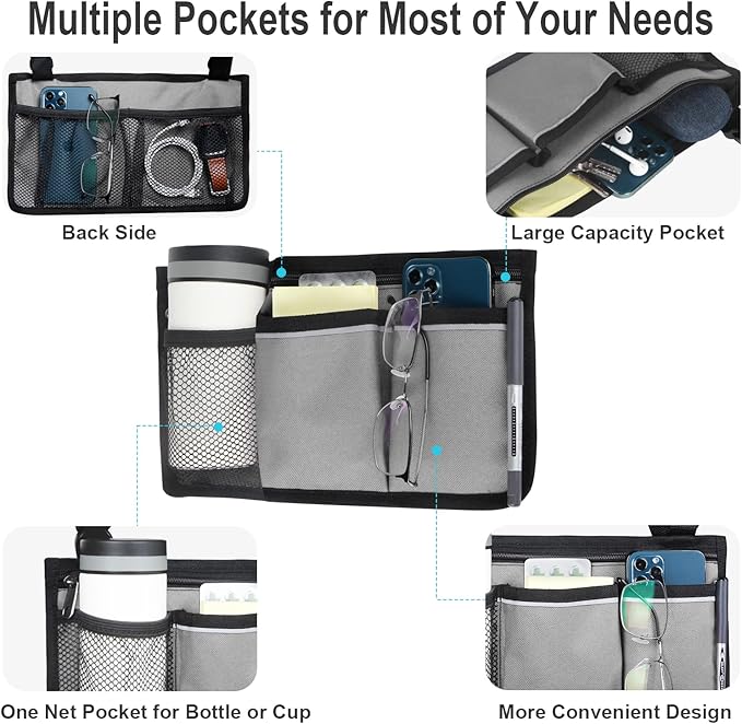 Wheelchair Side Bag, Armrest Storage Pouch with Cup Holder and Reflective Strip Use of Waterproof Fabric, for Most Wheelchairs, Walkers or Rollators (Gray)