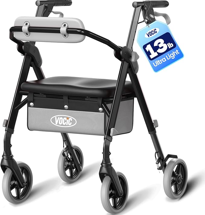 VOCIC Z12 Walker for Seniors with Seat, 13.4 LBS Ultra Light, 350 LBS | Ergo Seat & Backrest for Comfort, Height Adjustable & Easily Foldable for Seniors, All Terrain Wheels, Silver