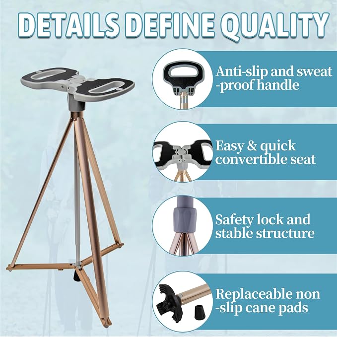 ALEVMOOM Walking Cane with Seat Folding Lightweight, 2-in-1 Cane Stool for Adults, Aluminum Walking Stick with Seat, Stick Chair Portable Stool for Senior