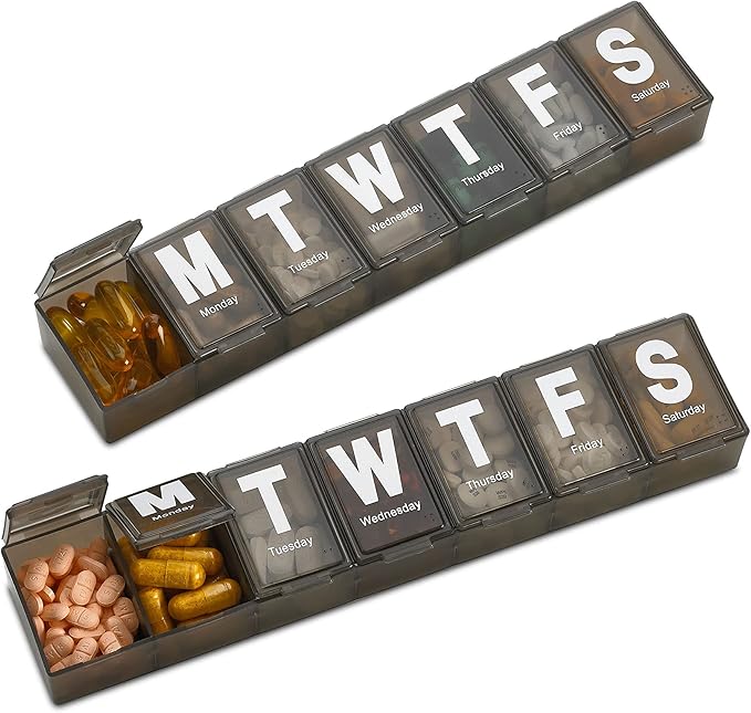 Weekly Pill Organizer - (Pack of 2) Extra Large Vitamin Container with Jumbo Easy to Read Letters, BPA Free - Daily Travel 7 Day Medication Pill Box Case, (Black)