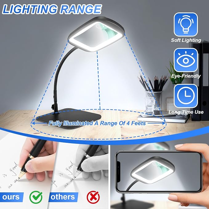 10X 30X 7'' Extra Large Magnifying Glass with Light and Stand, 5 Color LED | 5 Modes Dimmable LED Magnifying Lamp with Flexible Gooseneck, Hands Free Magnifier for Reading Close Work Seniors Low Vision