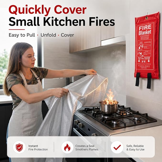 4 Pack,40"x40",Emergency Fiberglass Fire Blanket,Fire Suppression,Hooks | Easy Pull Tabs,No Mess After Use,No Expiration,Quick Emergency Response,Compact,Reusable,Kitchen,Grill,Camping,RV,Home,Garage