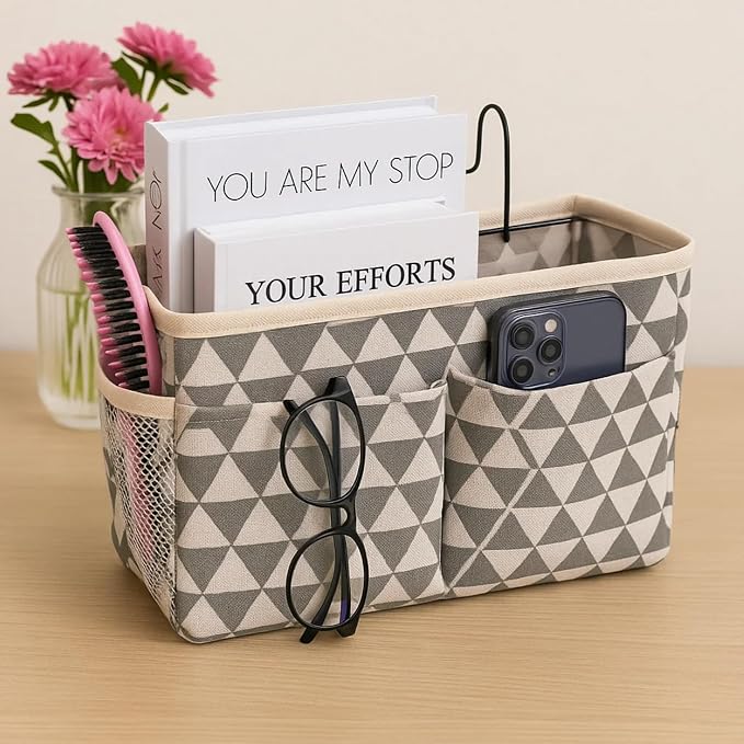 Bedside Caddy Organizer Hanging Storage Basket with Large Pockets & Hooks, Heavy-Duty Canvas Bedside Organizer for Bunk Beds, Dorm Rooms, Hospital Beds & Small Spaces (Gray Triangle Pattern)