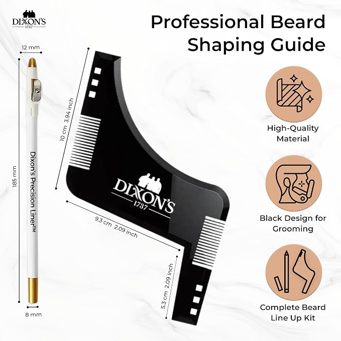 Dixon's 1737 Clear Line Pro Beard Shaper Tool for Men with Precision Liner Pencil, Black Beard Line Up Guide Template with Comb Edges Neckline and Cheek Line Trimming