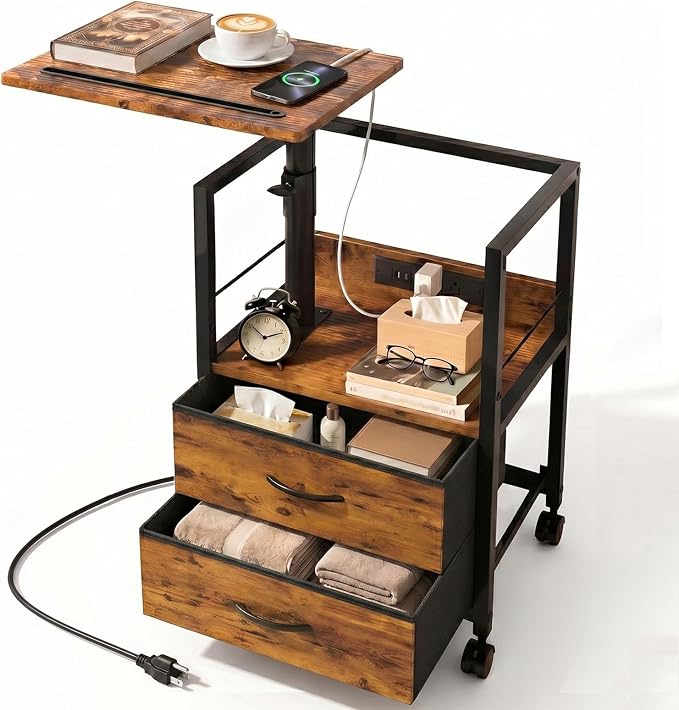 Faesun Swivel Lift Top Nightstand with Charging Station, Rolling Side Table for Recliner, Bedside Table with Wheels & 2 Fabric Drawers, for Small Spaces, for Bedroom, Living Room, Brown