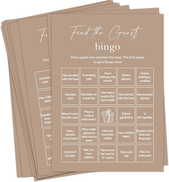 Find The Guest Bingo Cards – 25 Unique Cards, Icebreaker Party Games for Adults, Rustic Brown Mingle Activity for Birthday Parties, Family Reunions, Office Events & Friendsgiving