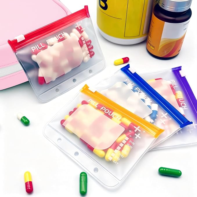 A8 Waterproof Pill Organizer Set, Twice-Daily Large Pill Organizer for Seven Days, Pill Storage with 14 Color-Coded Pouches, Reusable Travel Medicine Organizer