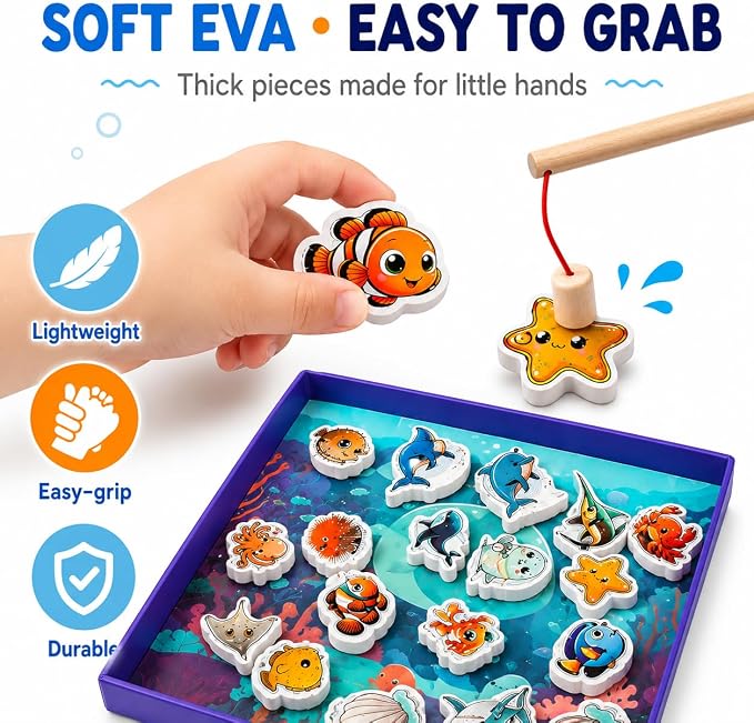 TRAVOFUN Magnetic Fishing Game Book for Kids Ages 3-8, Travel Toys for Toddlers 3-5, Road Trip and Airplane Activities, Quiet Portable Car Ride Toy with 2 Poles and 27 Ocean Fish