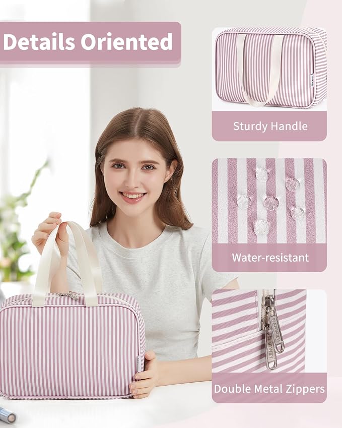 Full Size Toiletry Bag Women Large Cosmetic Bag Travel Makeup Bag Organizer Medicine Bag for Toiletries Essentials Accessories (Dusty Rose Stripe, Large)