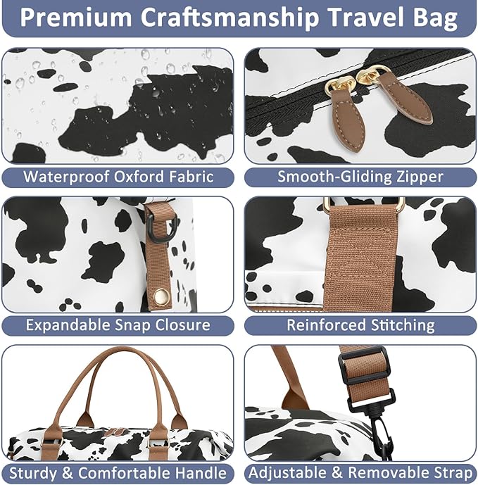 ELONGRIVER Travel Duffle Bag for Women, Weekender Bags, Hospital Bag for Labor Delivery, Lightweight Tote Duffel Overnight Bag with Luggage Sleeve, Airplane Travel Bags with Toiletry Bag, X-Large, Cow