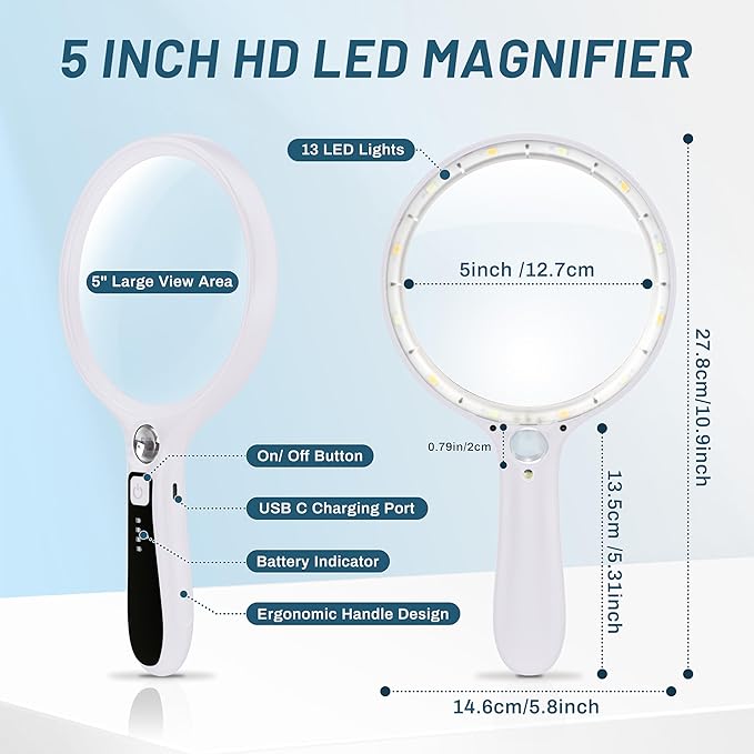 Large Magnifying Glass with Light: 10X 30X 5IN Lighted Handheld Magnifier with 13 LED Lights 3 Modes, 1150mAh Rechargeable Magnifying Lens Gift for Seniors Reading Coins Close Work-White+Black