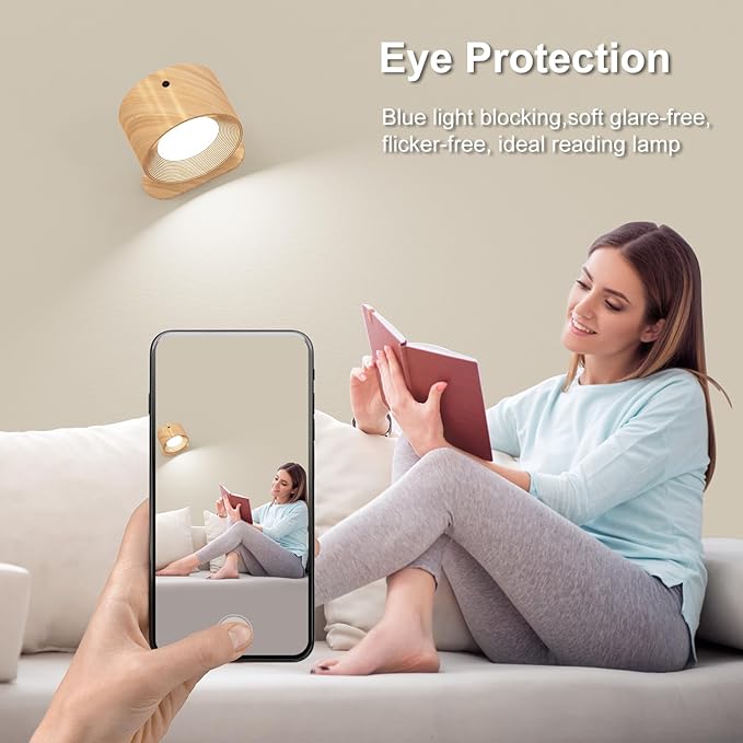 3Pack Battery Operated Wall Sconce, 3 Color Modes 3 Brightness Levels 360°Rotation Lighting Timer Touch & Remote Control, Wall Mounted Lamp LED Wall Lights for Bedroom Reading Bedside (Wood)