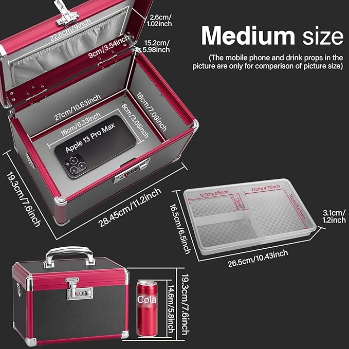 Medicine Lock Box with Combination Lock - 11.2 x 7.6 x 7.6 Inches - First Aid Safe Medication Storage Box, Medications and Personal Items, Safe Boxes for Home and Outdoor - Black Red