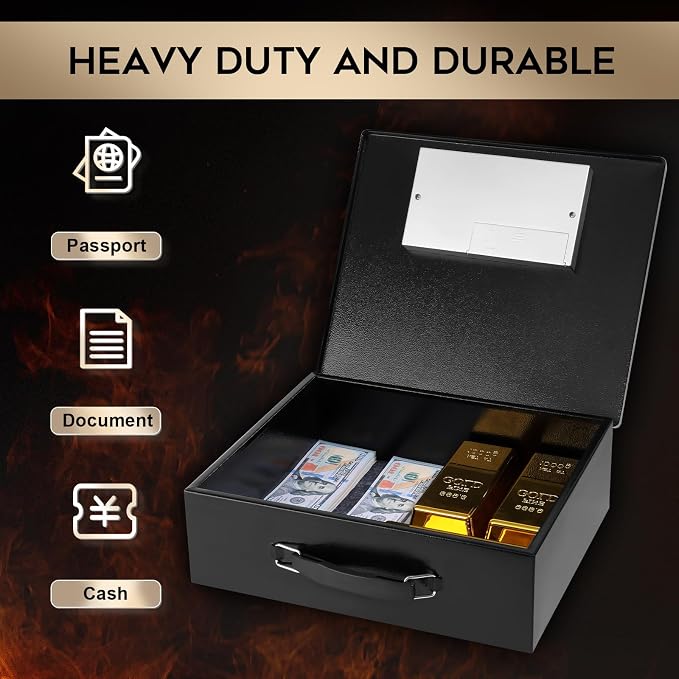 Dalmbox Portable Metal Safe Box with Digital Code Lock,Fire Resistant Storage for Documents, Fireproof Safe Box, Car, Home, Office and Outside, Black Box,Large