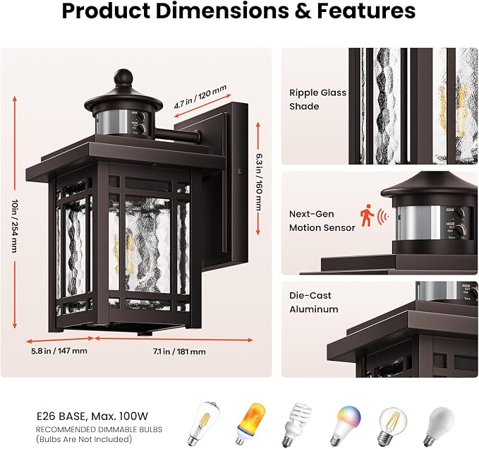 Gleamz Exterior Lighting Fixtures, Aluminum Motion Sensor Porch Light, Oil Rubbed Bronze Dusk to Dawn Outdoor Lighting, Waterroof Outdoor Porch Lights Wall Mount, Outside Wall Lights for House Garage