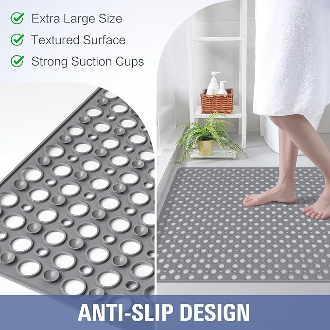 OTHWAY Large Shower Mat, 47"x 32" TPE Shower Mat Non Slip, Heavy Shower Floor Mat with Drain Holes and Suction Cups, No Odor Shower Mats for Inside Shower for Elderly Kids Bathroom(D-Grey)